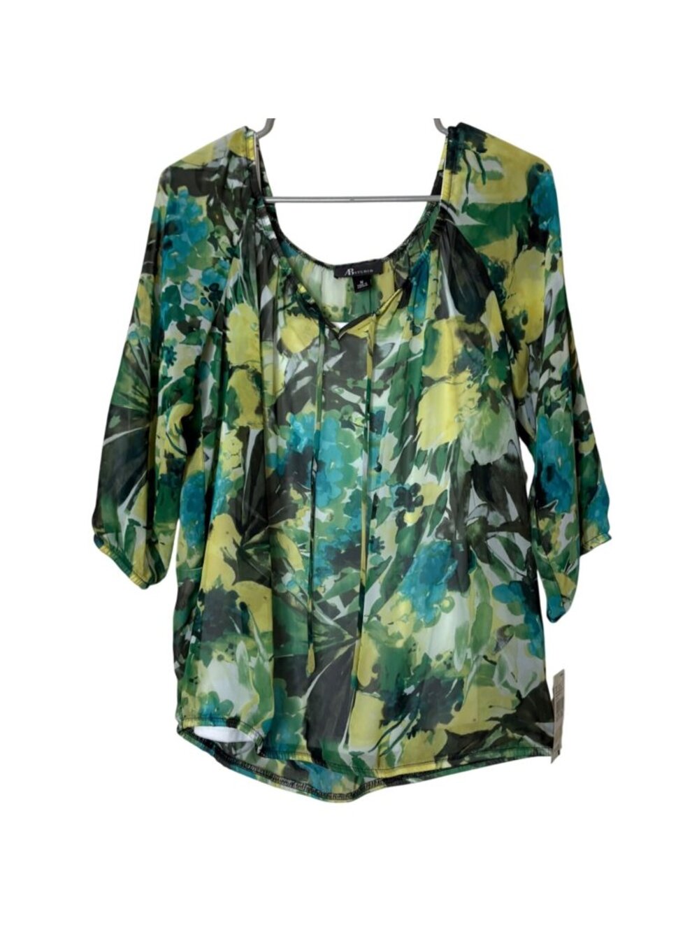 AB Studio Medium Sheer Floral Peasant Blouse Green Blue Tie Neck 3/4 Sleeve NWT